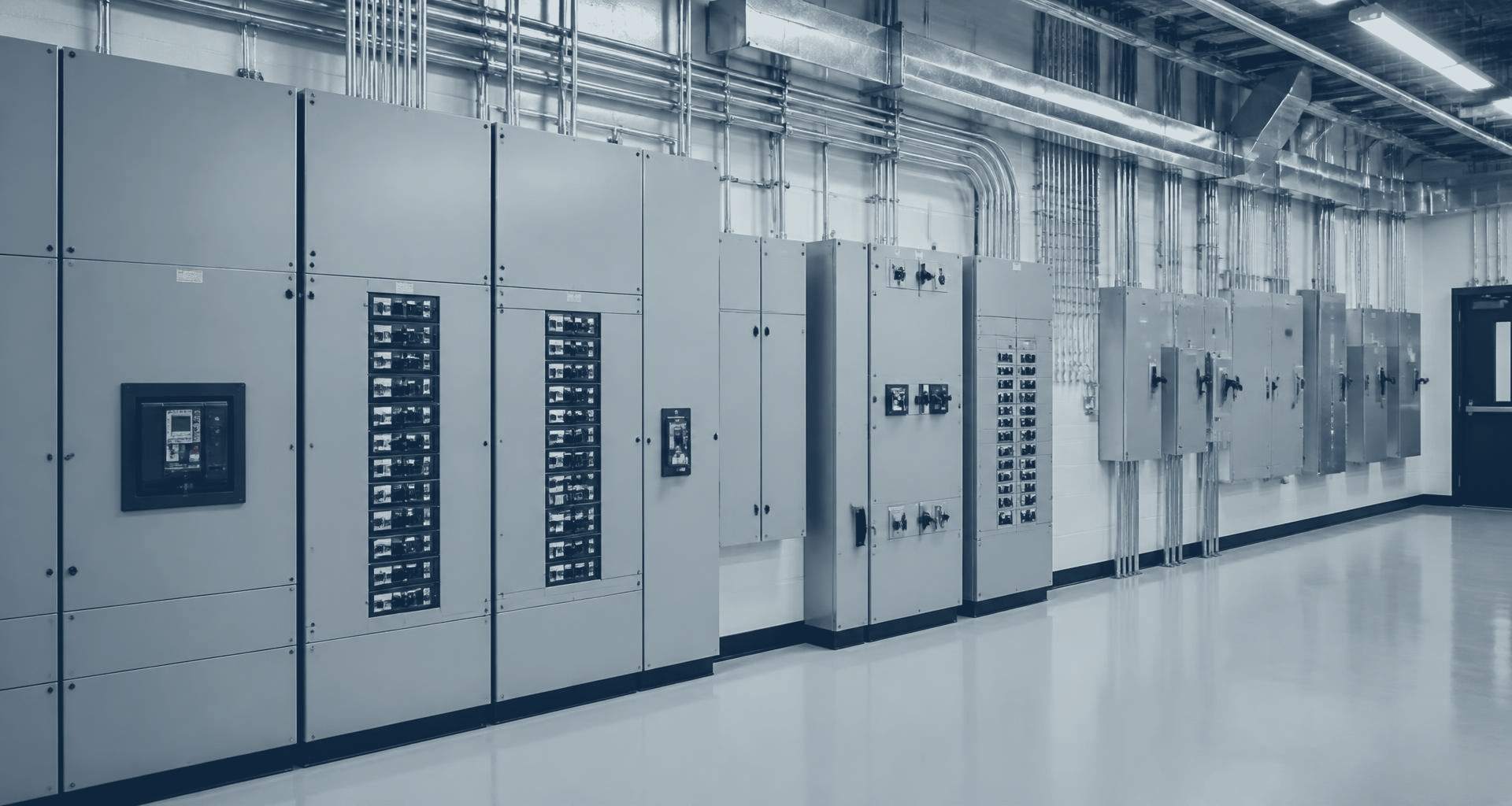 An electrical switchroom in a building basement, with grey distribution panels, isolators and steel conduit run along the wall.